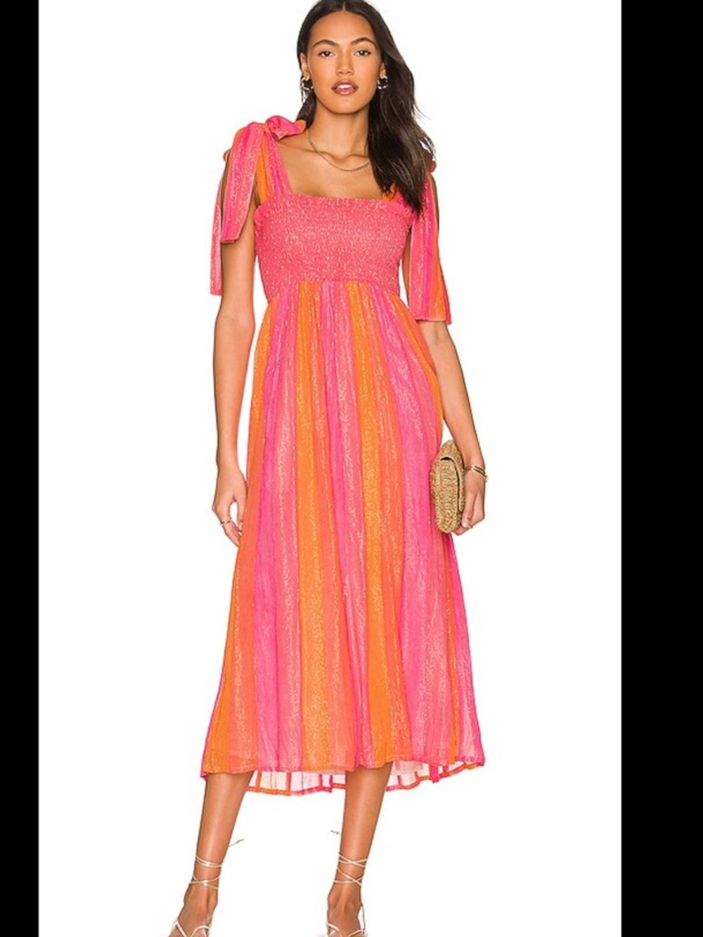 Sundress Pink and Orange Striped Tie-Shoulder Midi Dress